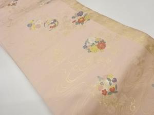 縞に草花・流水模様織出し名古屋帯